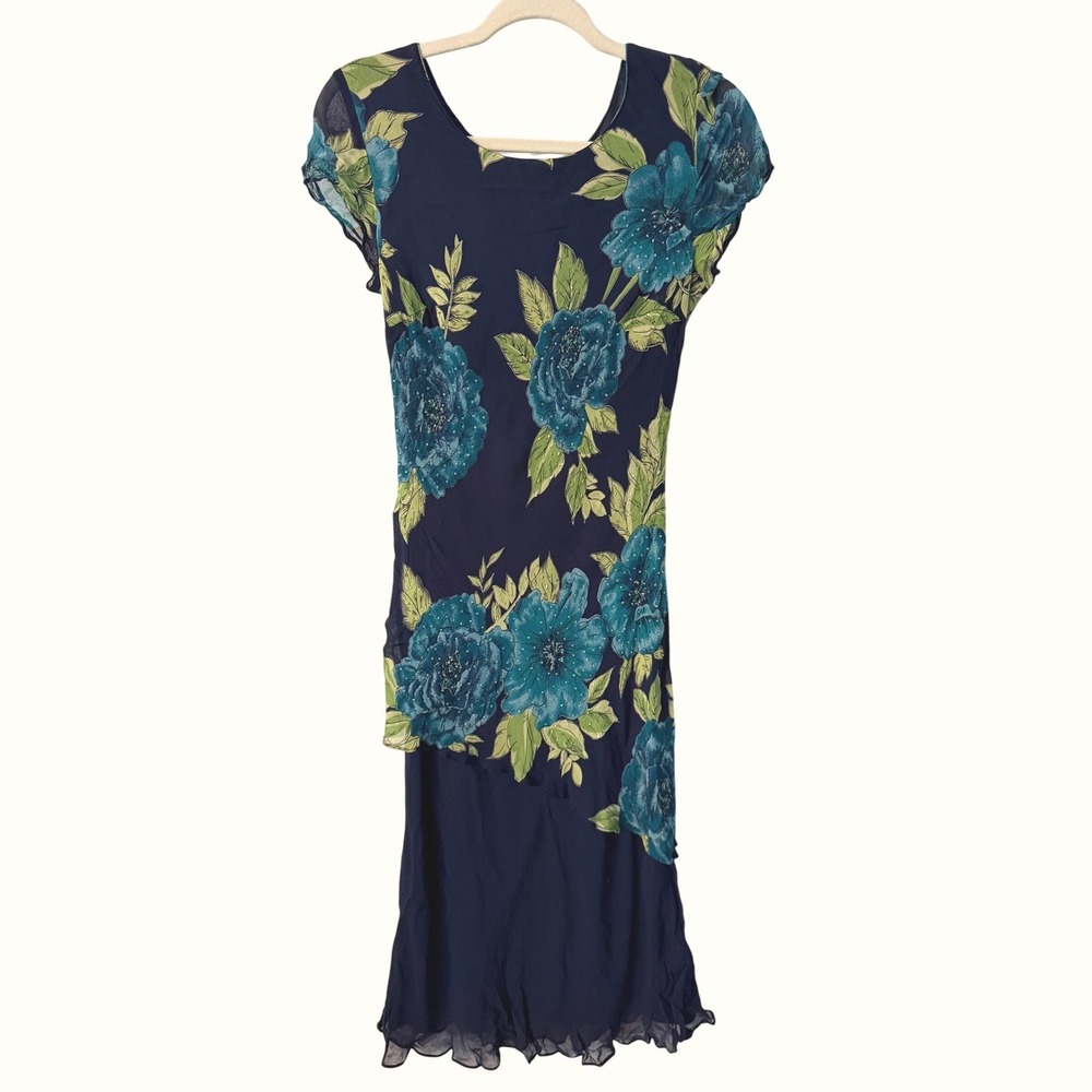 Vintage Eva Blue 90s Floral Beaded Midi Dress Navy Teal Size 6 Rayon Homecoming